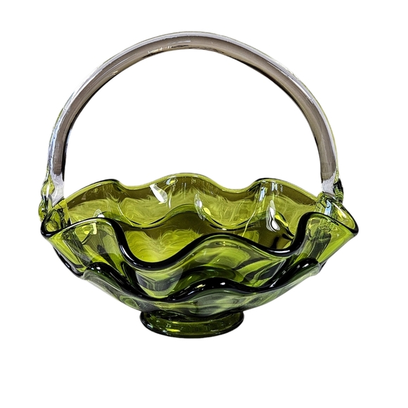 Vintage Viking Green Art Glass Epic Double Crimped Layer Basket - Picture 1 of 8